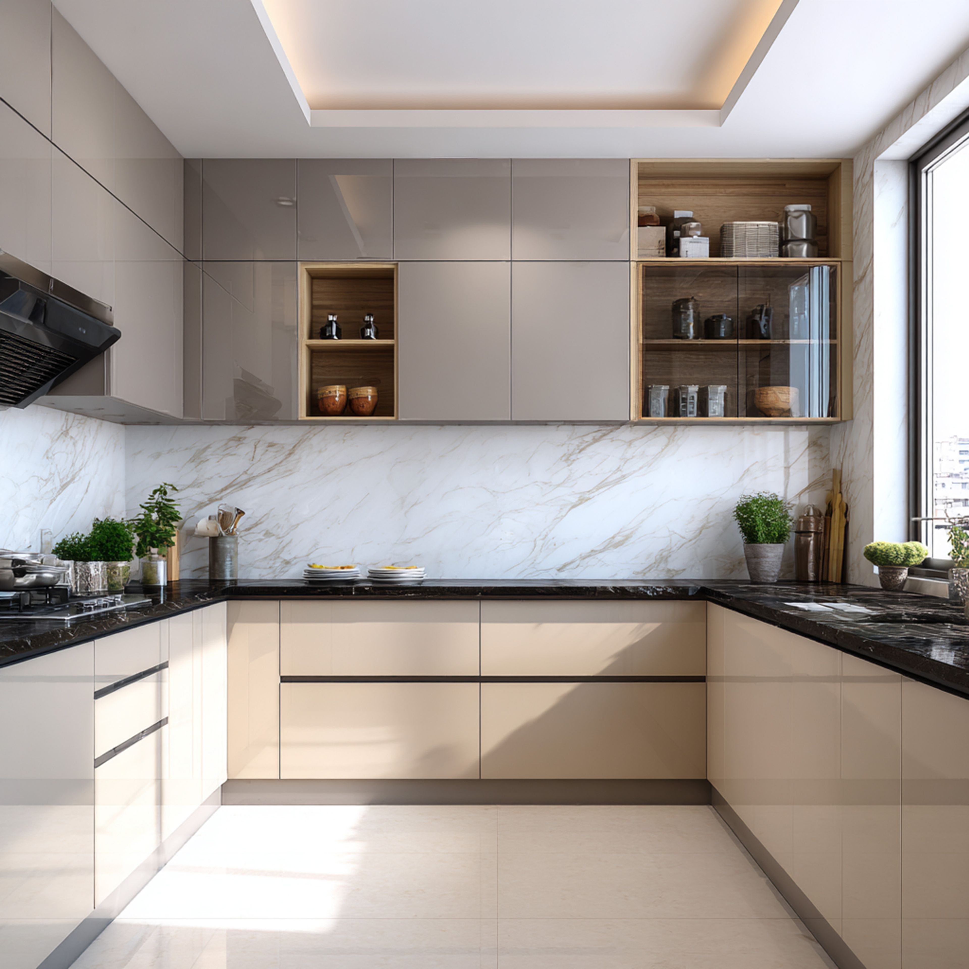 Modern kitchen with beige high gloss laminate, black marble countertop, and marble-look backsplash in Bengaluru | Material Depot