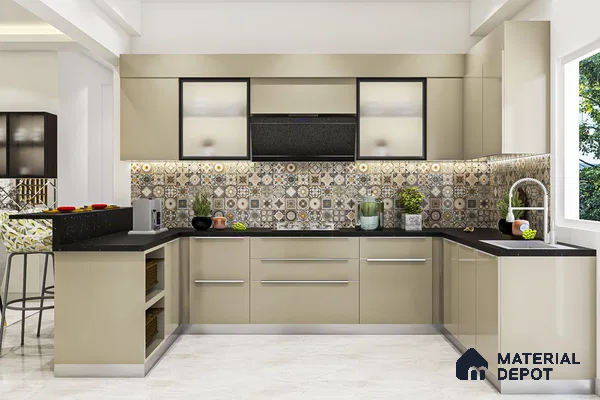 Modern kitchen with beige high gloss laminate, black quartz countertop, and patterned moroccan backsplash tiles in Bengaluru | Material Depot