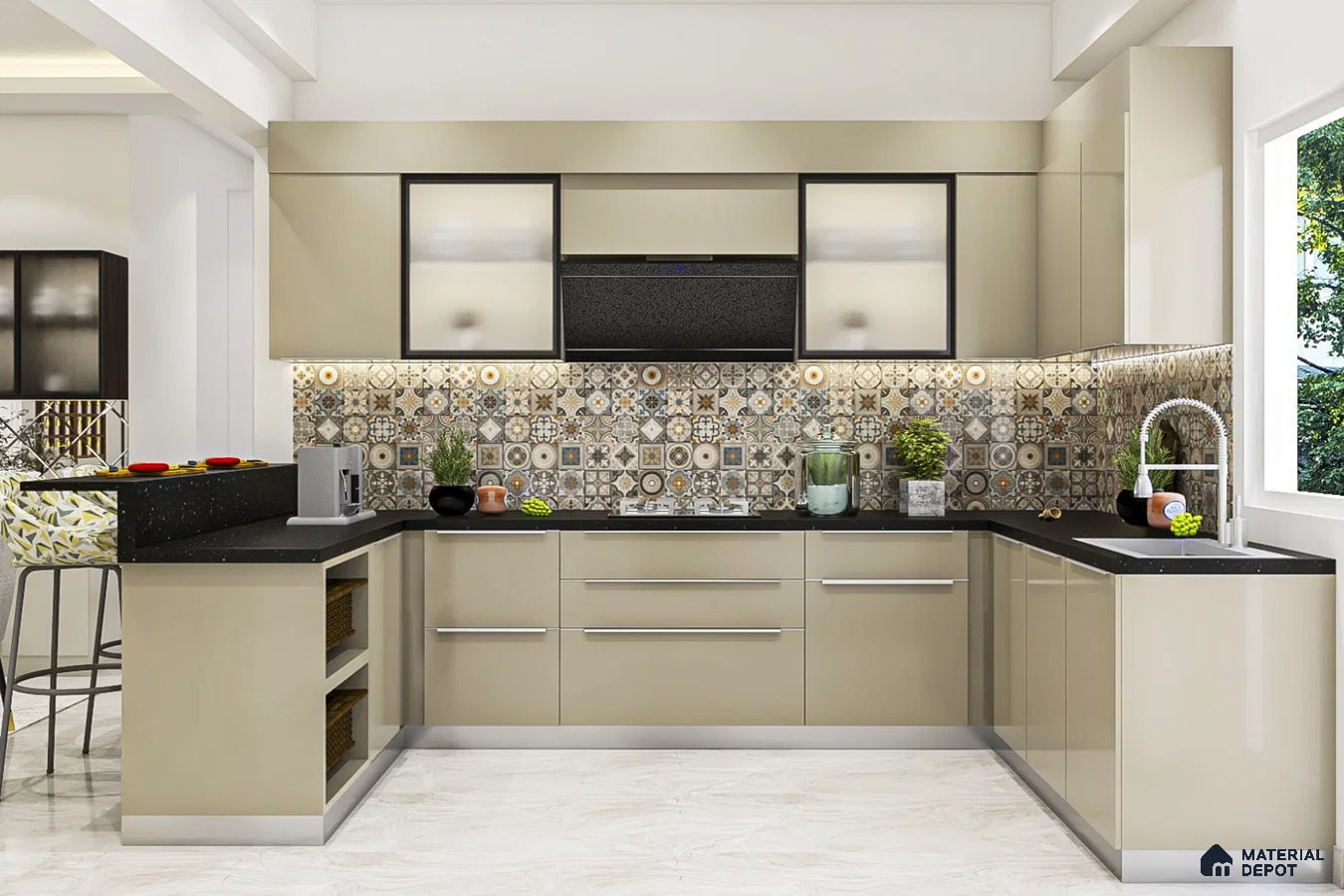 Modern kitchen with beige high gloss laminate, black quartz countertop, and patterned moroccan backsplash tiles in Bengaluru | Material Depot