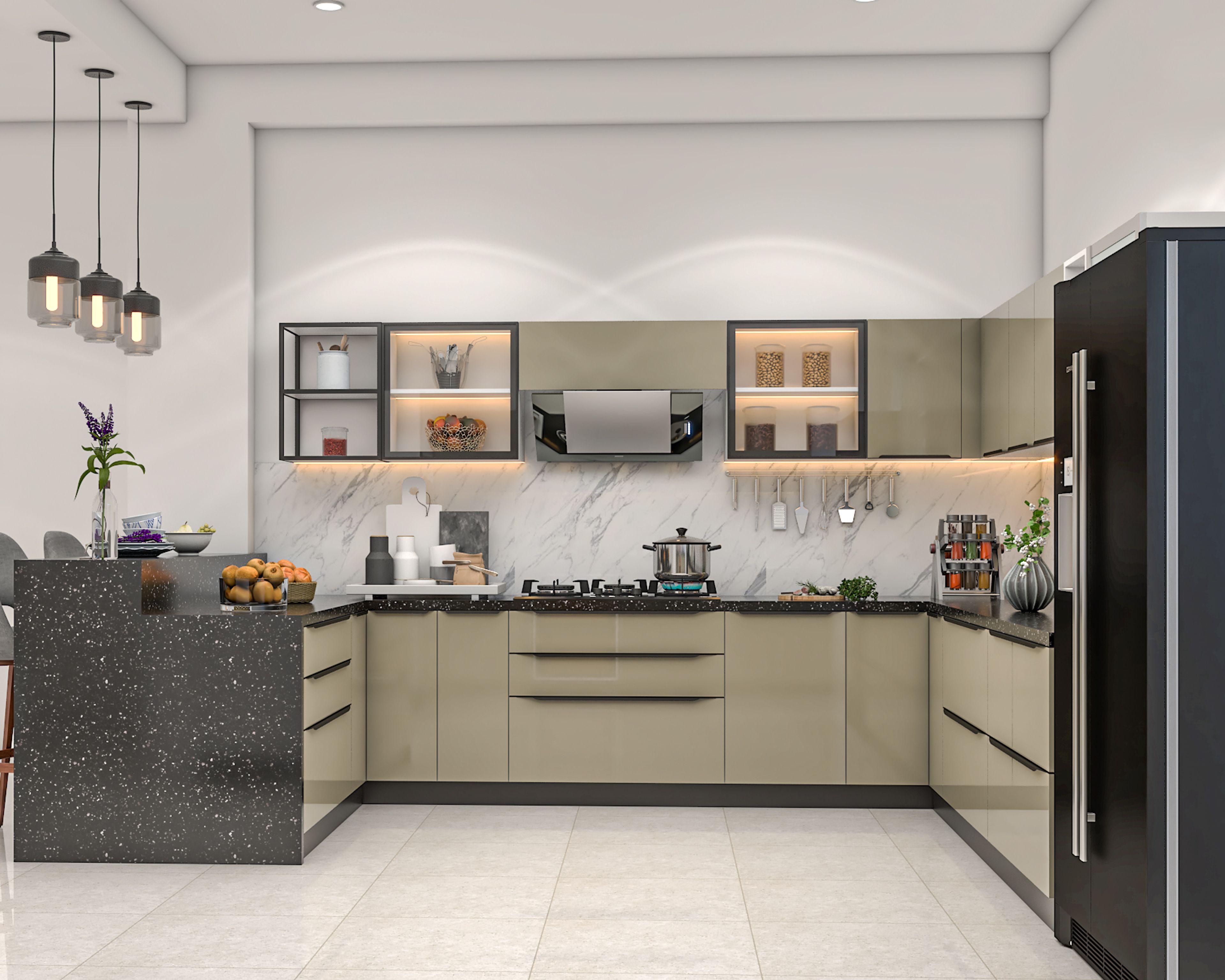 Modern kitchen with beige high gloss laminate, black terrazzo countertop, and marble backsplash in Bengaluru | Material Depot