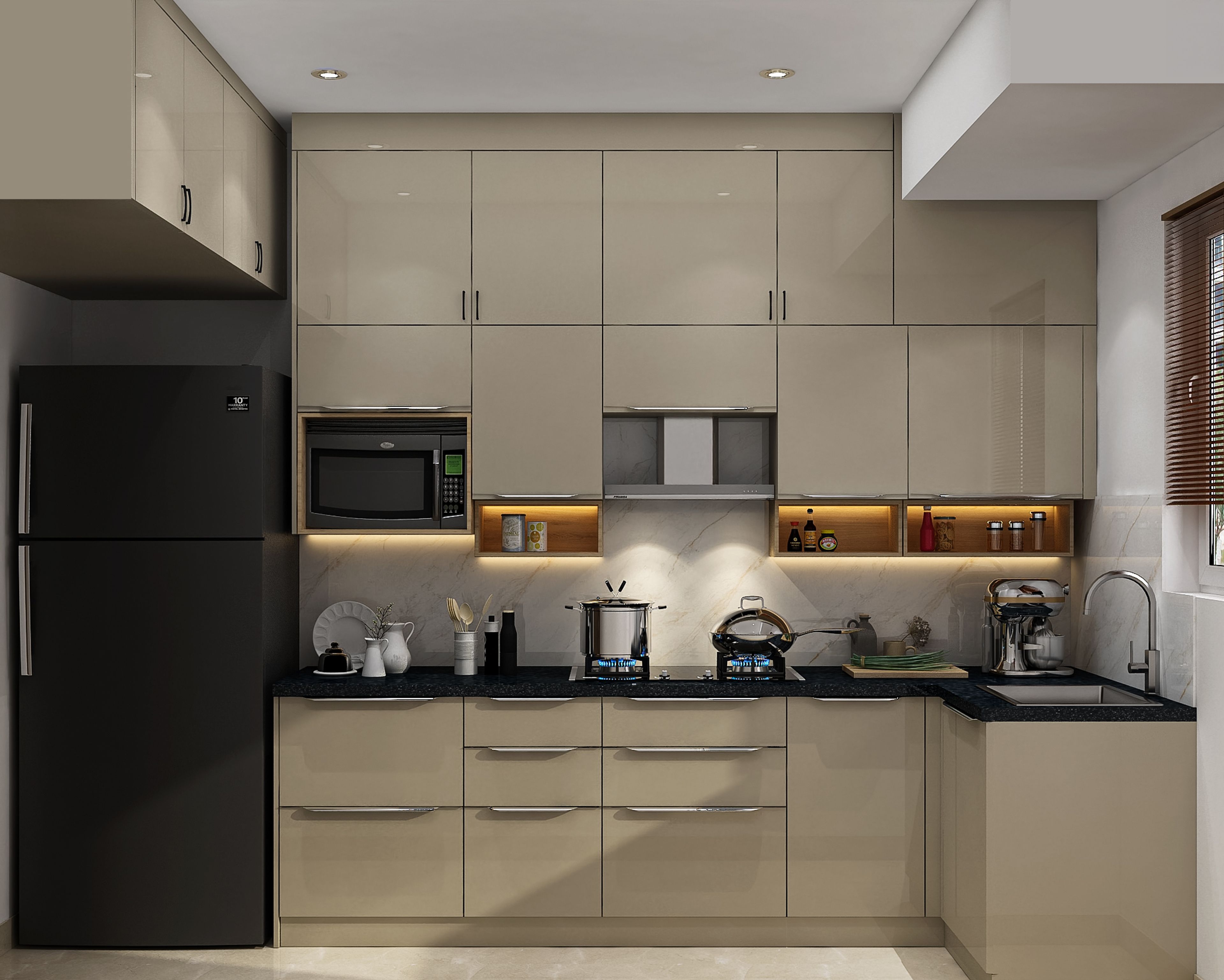 Modern kitchen with beige high gloss laminate cabinets and black granite countertop in Bengaluru | Material Depot