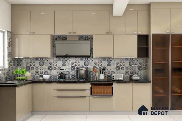 Modern kitchen with beige high gloss laminate cabinets and blue patterned moroccan backsplash tiles in Bengaluru | Material Depot