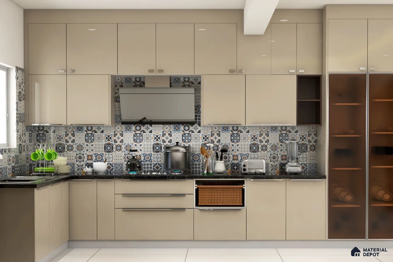 Modern kitchen with beige high gloss laminate cabinets and blue patterned moroccan backsplash tiles in Bengaluru | Material Depot