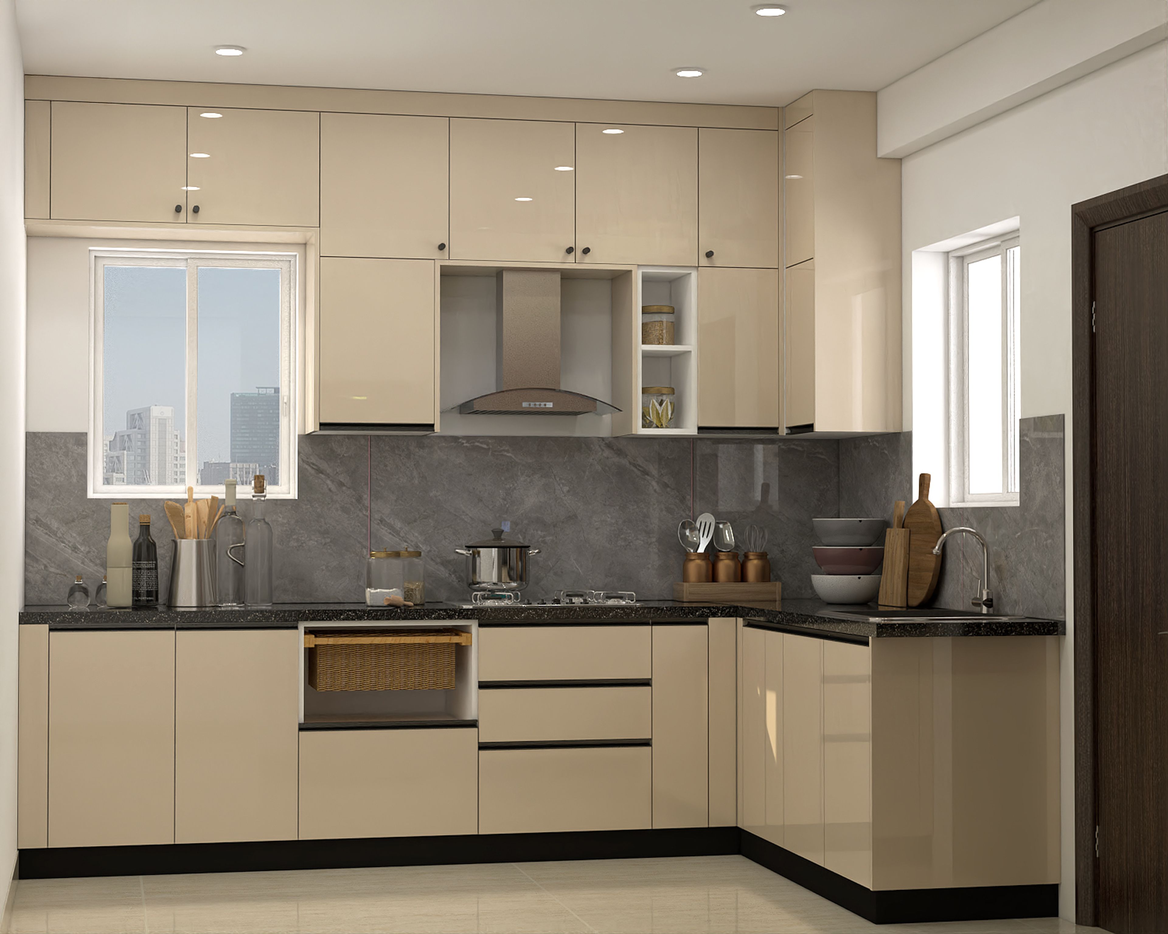 Modern kitchen with beige high gloss laminate cabinets and grey marble-look backsplash in Bengaluru | Material Depot