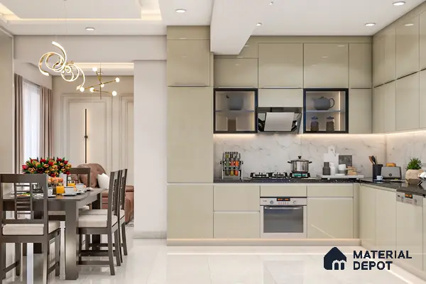 Modern kitchen with beige high gloss laminate cabinets and white marble backsplash in Bengaluru | Material Depot