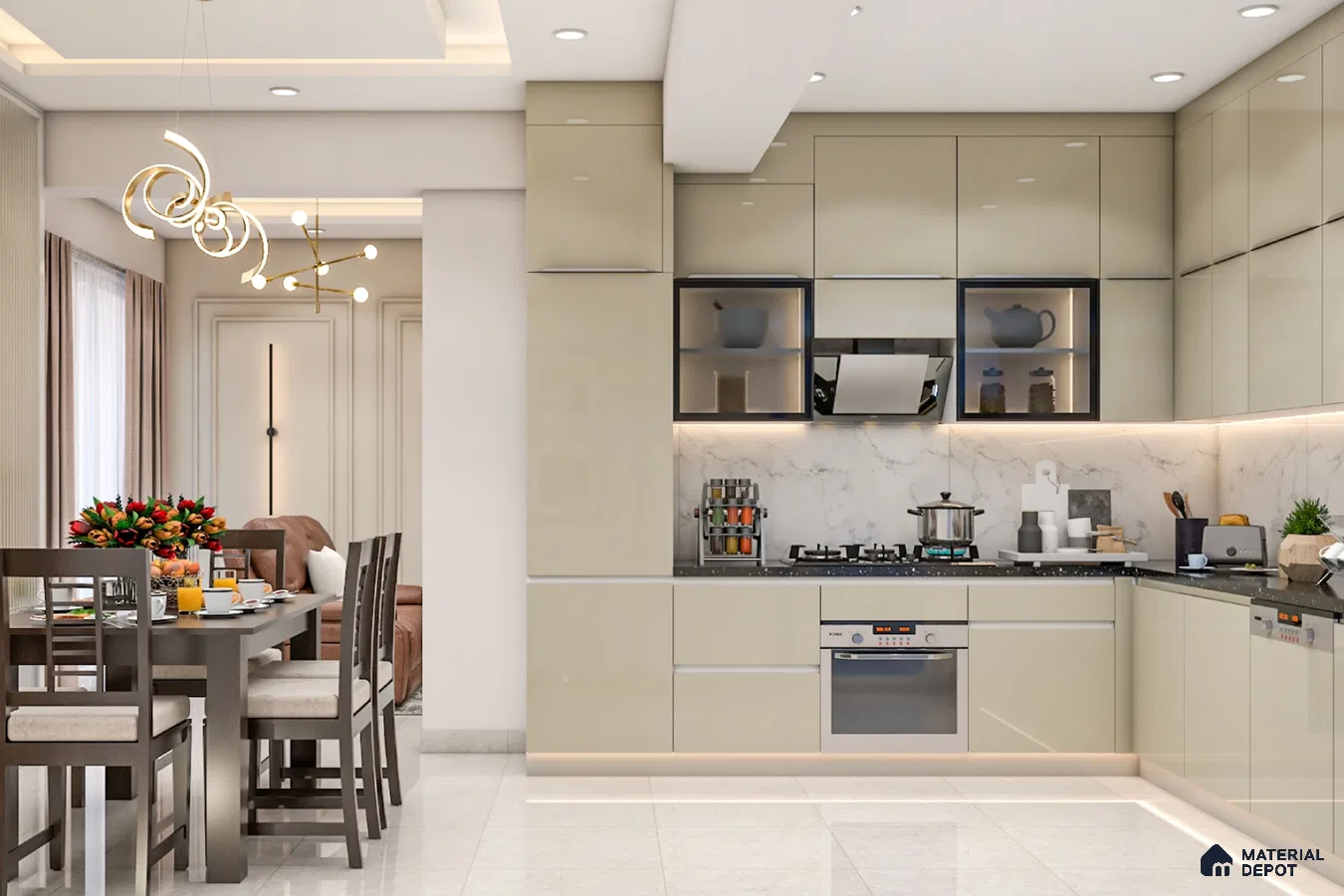 Modern kitchen with beige high gloss laminate cabinets and white marble backsplash in Bengaluru | Material Depot