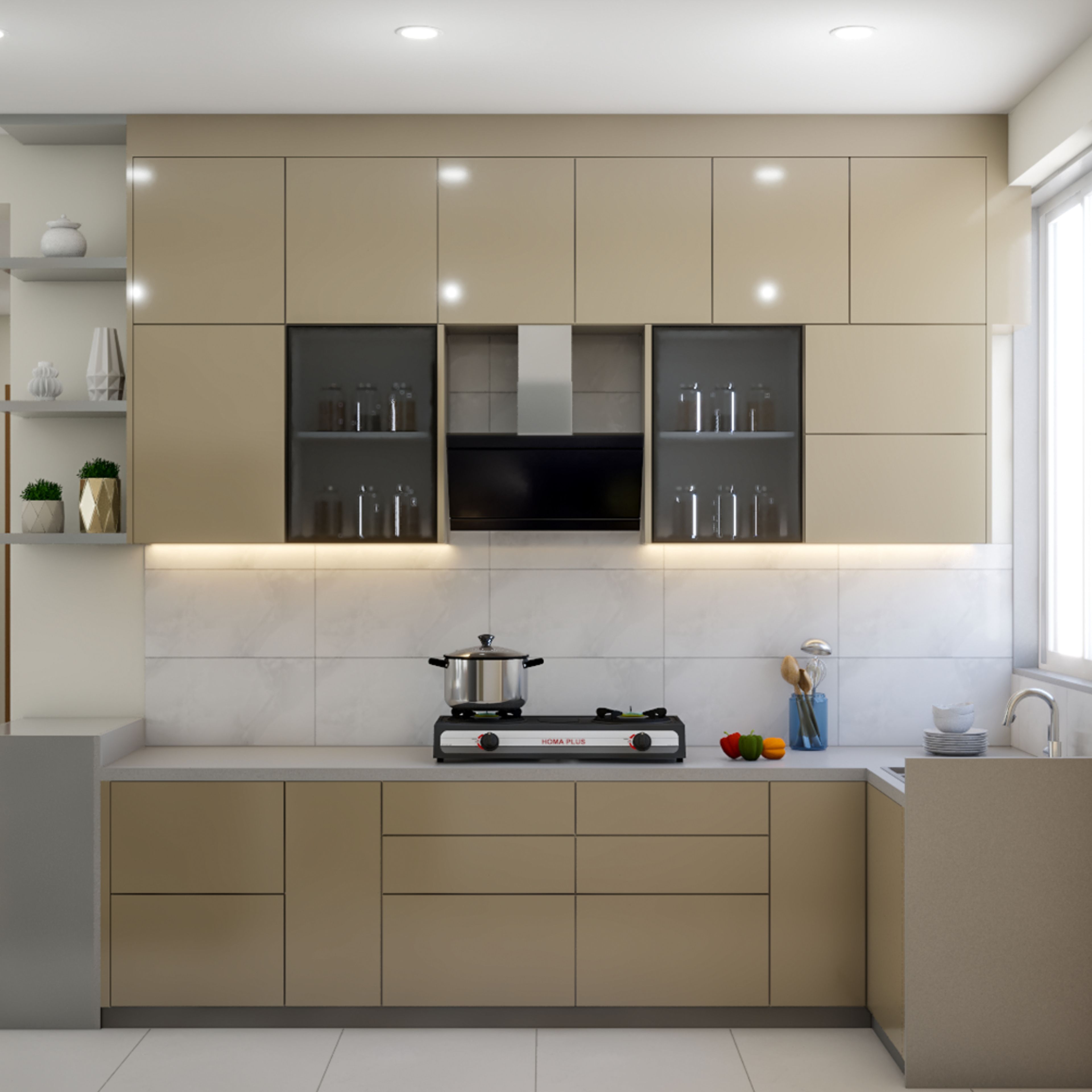 Modern kitchen with beige high gloss laminate cabinets and white marble-look backsplash tiles in Bengaluru | Material Depot