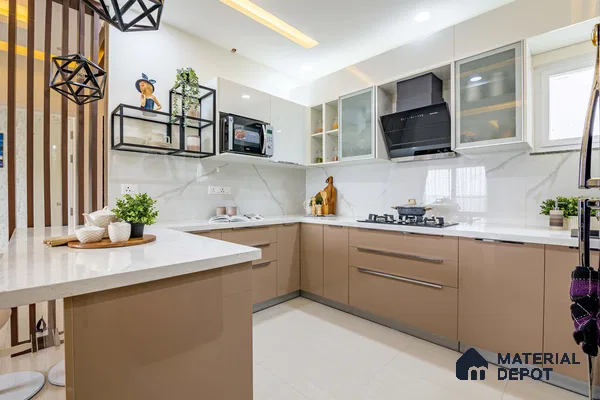 Modern kitchen with beige high gloss laminate cabinets and white marble-look quartz countertop in Bengaluru | Material Depot