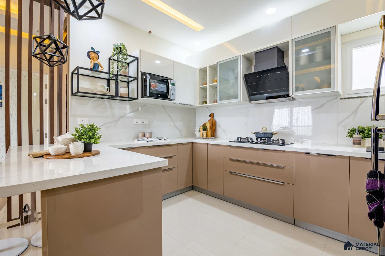 Modern kitchen with beige high gloss laminate cabinets and white marble-look quartz countertop in Bengaluru | Material Depot