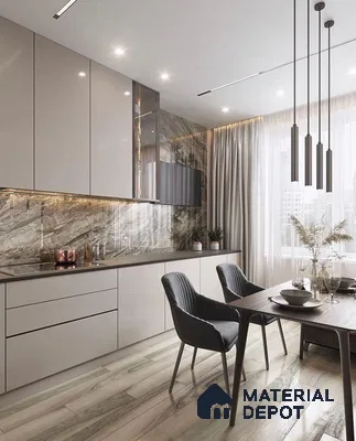 Modern kitchen with beige high gloss laminate cabinets, marble backsplash, and light wood-look floor tile in Bengaluru | Material Depot