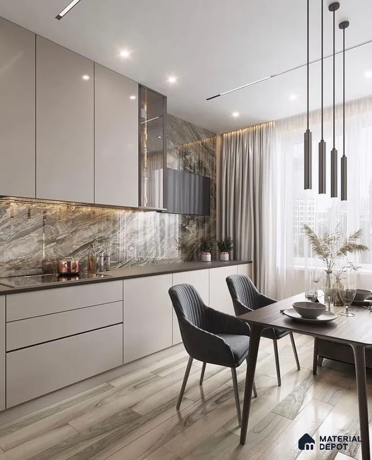 Modern kitchen with beige high gloss laminate cabinets, marble backsplash, and light wood-look floor tile in Bengaluru | Material Depot