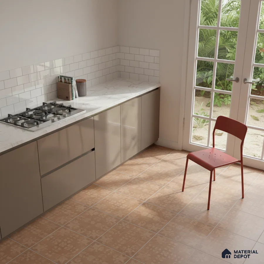 Modern kitchen with beige high gloss laminate cabinets, white marble countertop, and white subway backsplash tiles in Bengaluru
