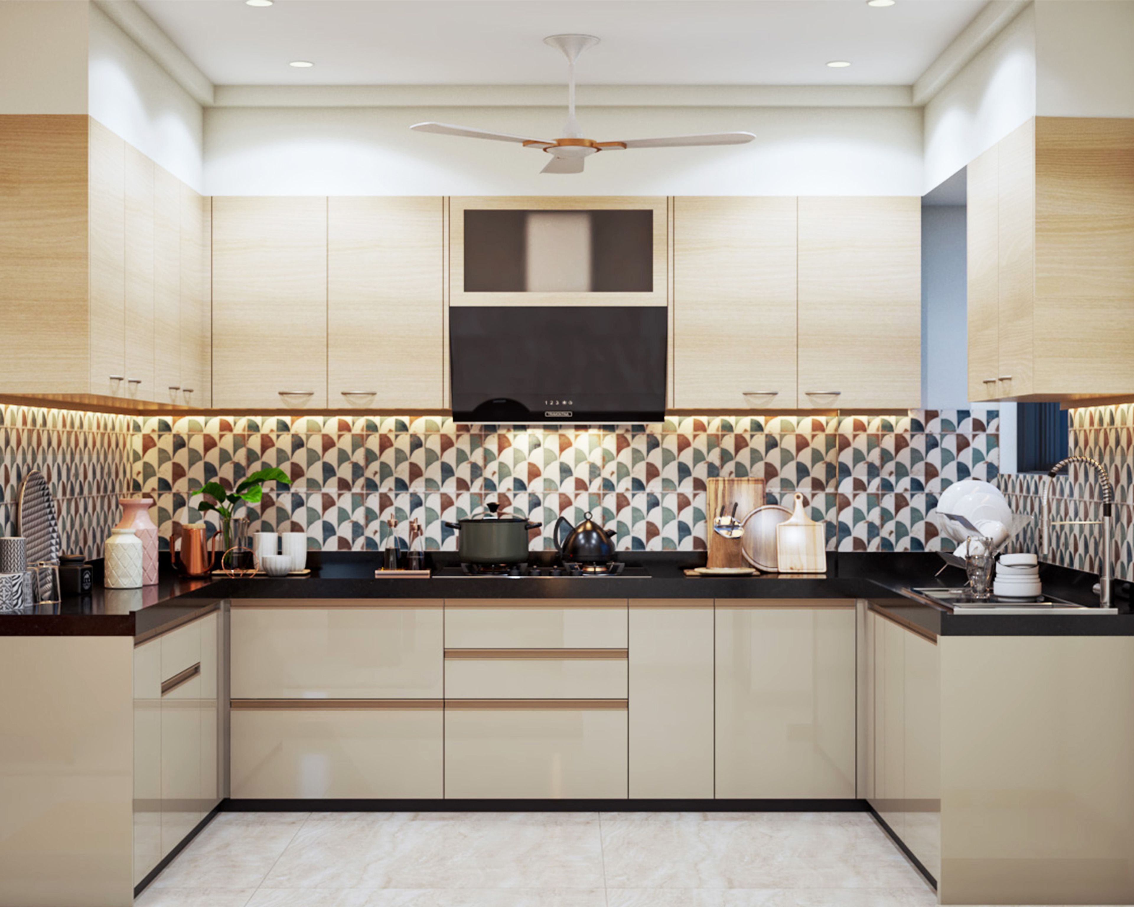 Modern kitchen with beige high gloss laminate, light wood laminate, and geometric patterned backsplash tiles in Bengaluru | Material Depot
