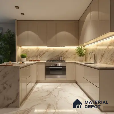 Modern kitchen with beige high gloss laminate, marble-look quartz countertop, and marble-look backsplash in Bengaluru | Material Depot