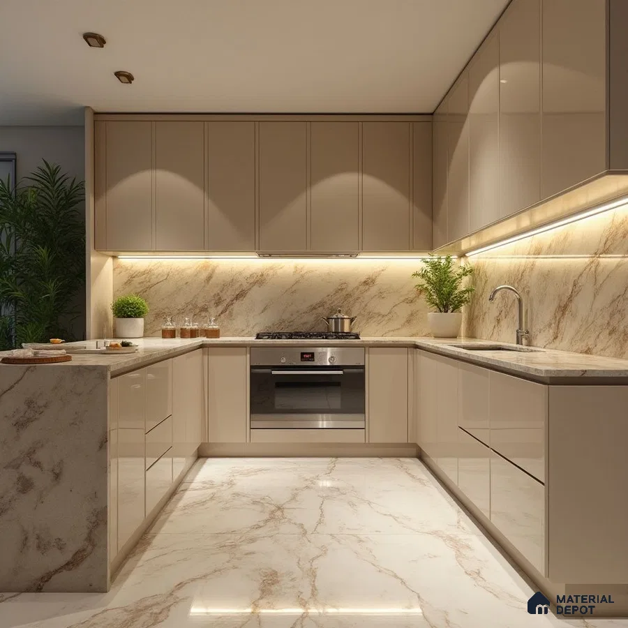 Modern kitchen with beige high gloss laminate, marble-look quartz countertop, and marble-look backsplash in Bengaluru | Material Depot