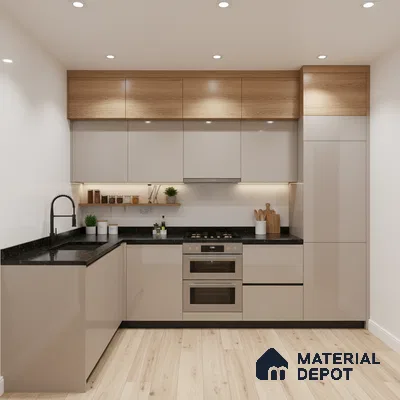 Modern kitchen with beige high gloss laminate, oak wood laminate, and black granite countertop in Bengaluru