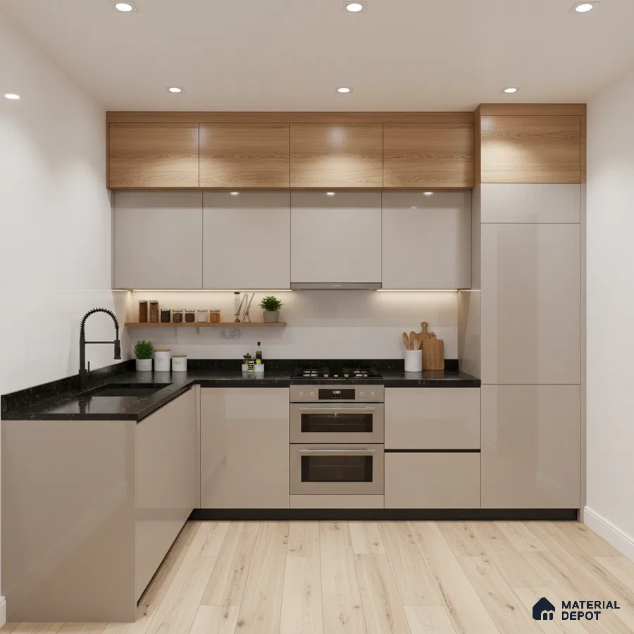 Modern kitchen with beige high gloss laminate, oak wood laminate, and black granite countertop in Bengaluru