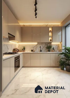 Modern kitchen with beige high gloss laminate, white marble-look backsplash and countertop, and marble floor tiles in Bengaluru | Material Depot