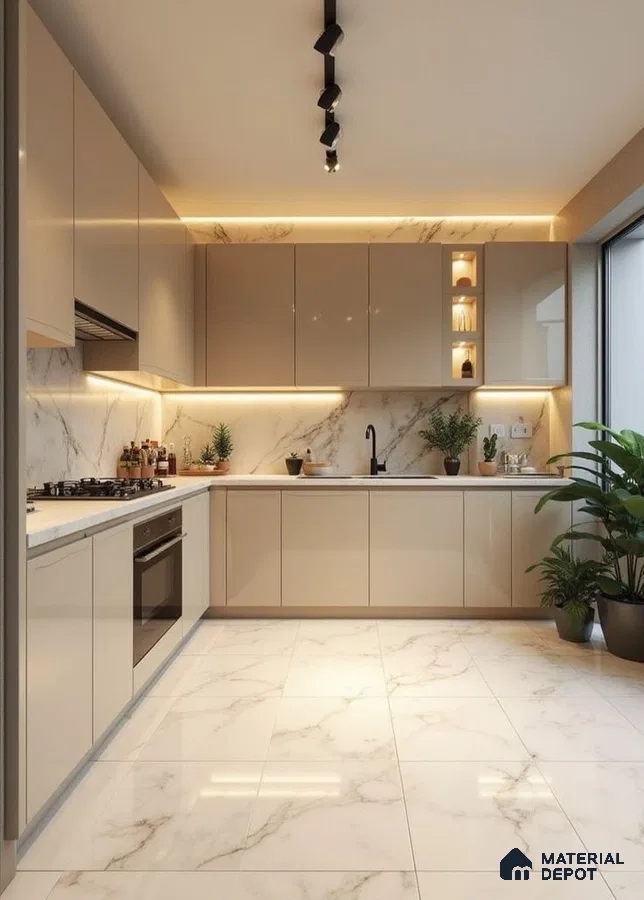Modern kitchen with beige high gloss laminate, white marble-look backsplash and countertop, and marble floor tiles in Bengaluru | Material Depot