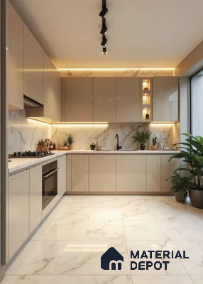 Modern kitchen with beige high gloss laminate, white marble-look backsplash and countertop, and marble floor tiles in Bengaluru | Material Depot