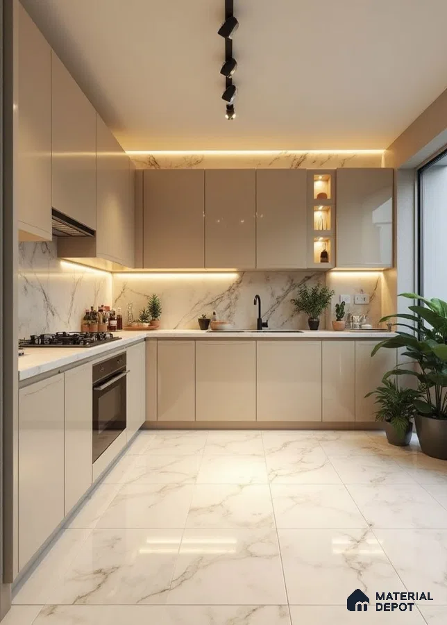Modern kitchen with beige high gloss laminate, white marble-look backsplash and countertop, and marble floor tiles in Bengaluru | Material Depot
