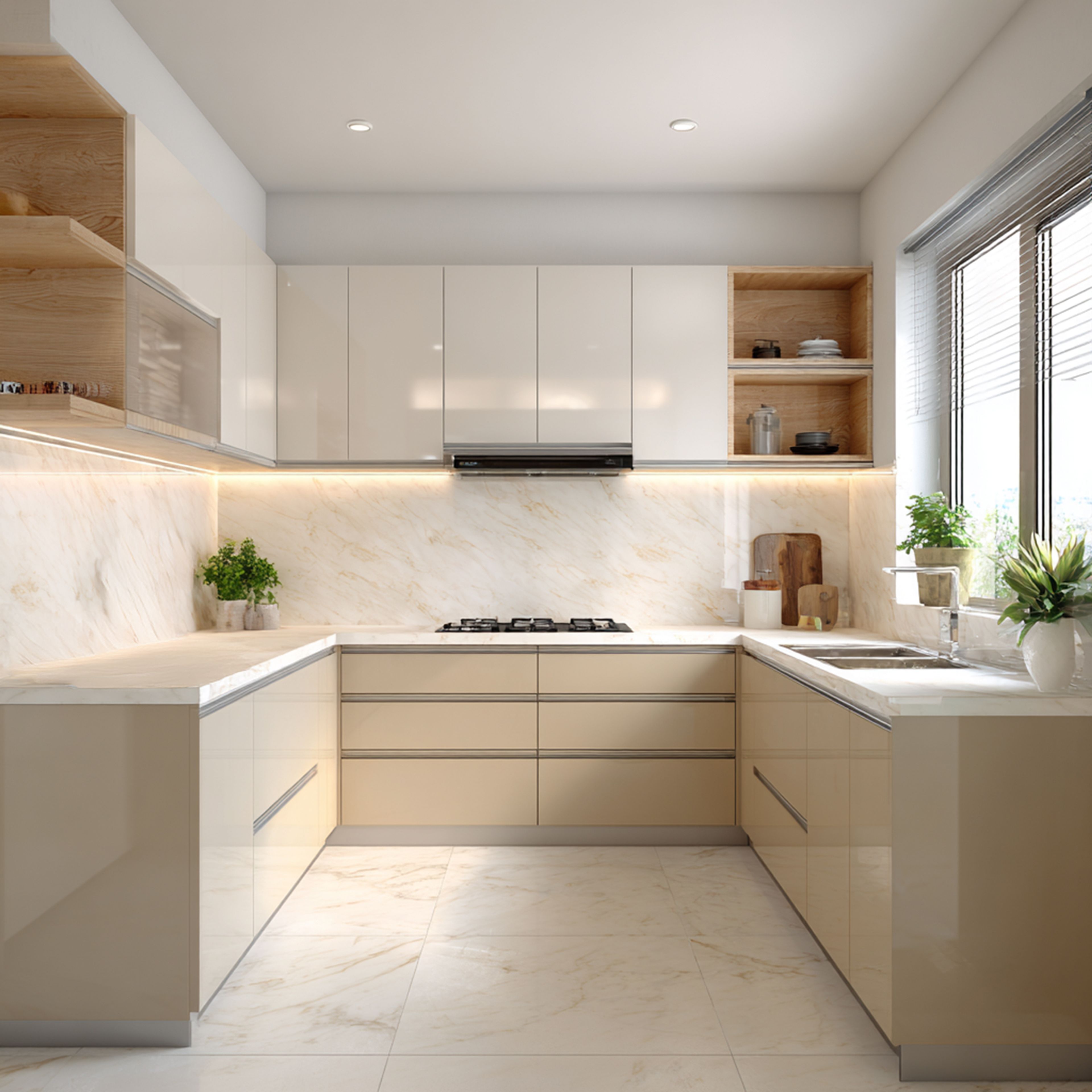 Modern kitchen with beige high gloss laminate, white marble-look backsplash and countertop, and marble floor tiles in Bengaluru | Material Depot