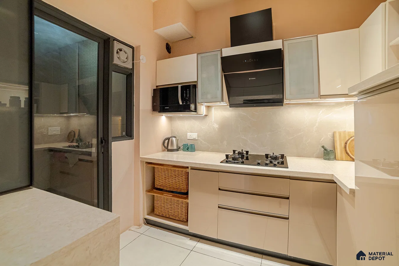 Modern kitchen with beige high gloss laminate, white marble-look backsplash, and quartz countertop in Bengaluru | Material Depot
