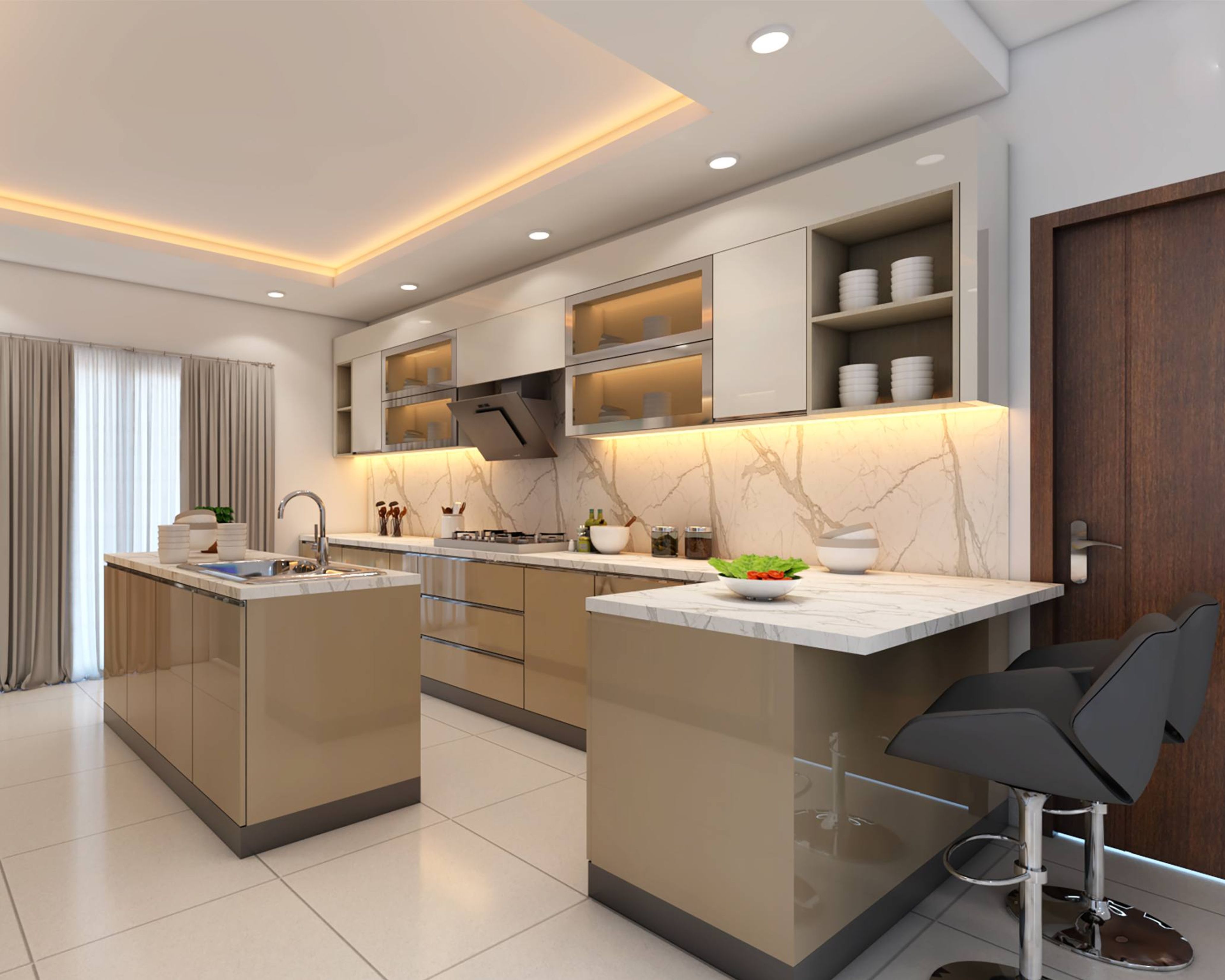 Modern kitchen with beige high gloss laminate, white marble-look backsplash, and quartz countertop in Bengaluru | Material Depot