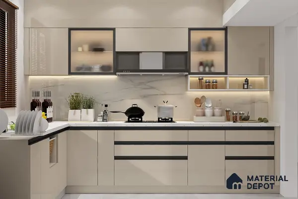 Modern kitchen with beige high gloss laminate, white marble-look backsplash, and white quartz countertop in Bengaluru | Material Depot