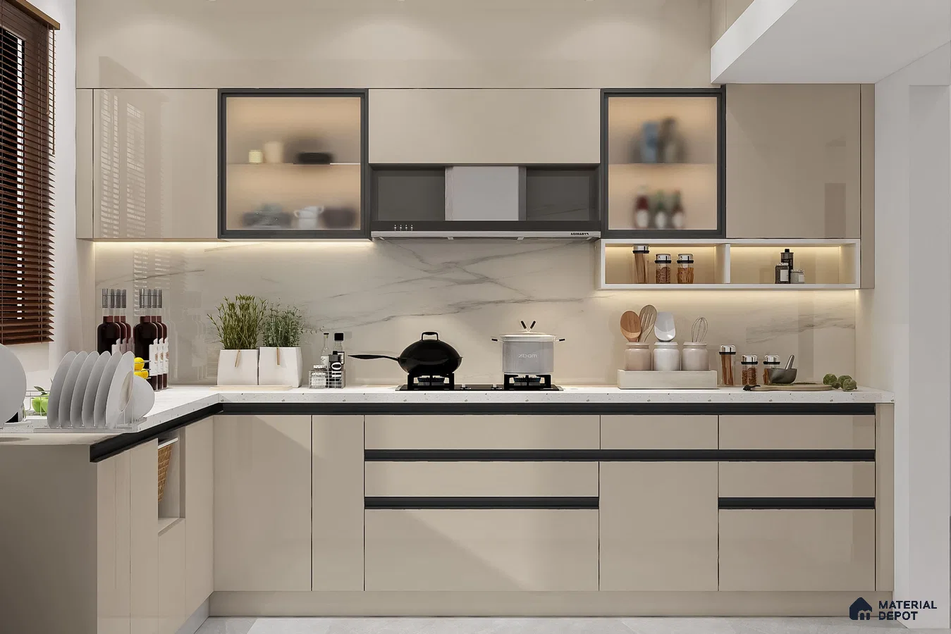 Modern kitchen with beige high gloss laminate, white marble-look backsplash, and white quartz countertop in Bengaluru | Material Depot