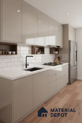 Modern kitchen with beige high gloss laminate, white marble-look quartz countertop, and subway tile backsplash in Bengaluru