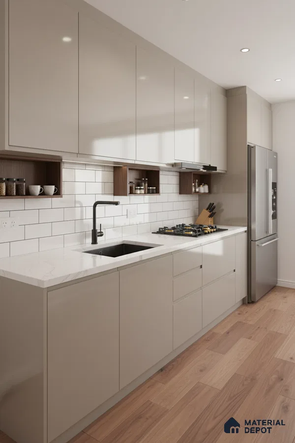 Modern kitchen with beige high gloss laminate, white marble-look quartz countertop, and subway tile backsplash in Bengaluru