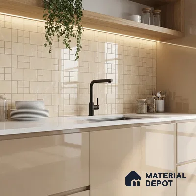 Modern kitchen with beige high gloss laminate, white quartz countertop, and cream geometric wall tiles