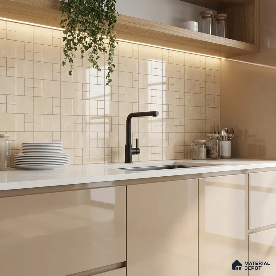 Modern kitchen with beige high gloss laminate, white quartz countertop, and cream geometric wall tiles