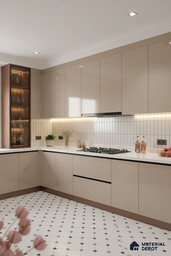 Modern kitchen with beige high gloss laminate, white quartz countertop, and geometric patterned floor tiles in Bengaluru