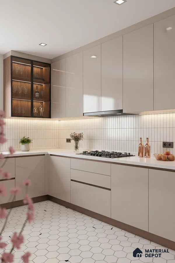 Modern kitchen with beige high gloss laminate, white quartz countertop, and hexagonal floor tiles in Bengaluru