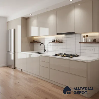 Modern kitchen with beige high gloss laminate, white quartz countertop, and subway backsplash tiles in Bengaluru