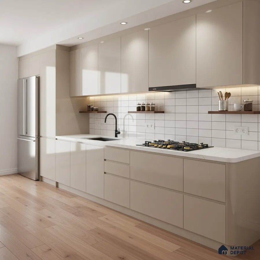 Modern kitchen with beige high gloss laminate, white quartz countertop, and subway backsplash tiles in Bengaluru