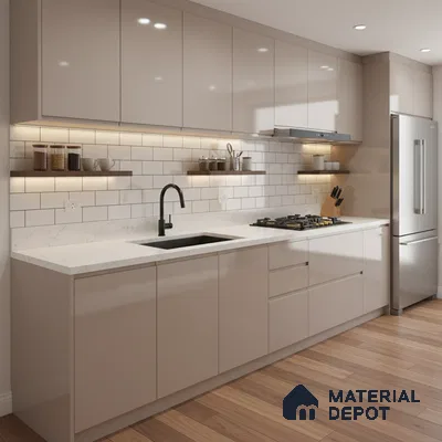 Modern kitchen with beige high gloss laminate, white quartz countertop, and subway backsplash tiles in Bengaluru