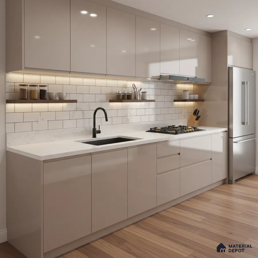 Modern kitchen with beige high gloss laminate, white quartz countertop, and subway backsplash tiles in Bengaluru