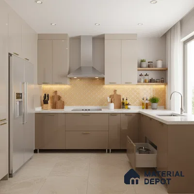 Modern kitchen with beige high gloss laminate, white quartz countertop, and yellow fishscale backsplash tile in Bengaluru