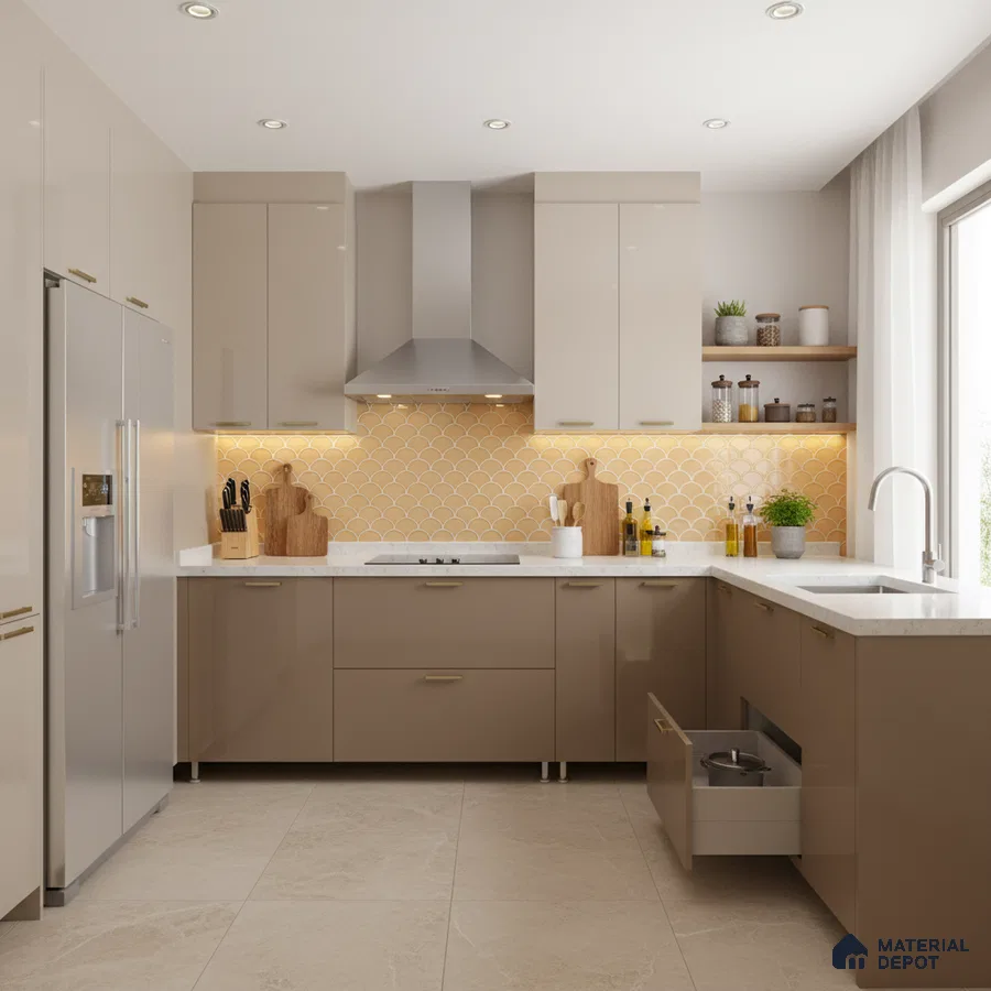 Modern kitchen with beige high gloss laminate, white quartz countertop, and yellow fishscale backsplash tile in Bengaluru