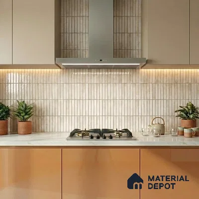Modern kitchen with beige kitkat wall tiles, glossy peach laminate cabinets, and white marble countertop