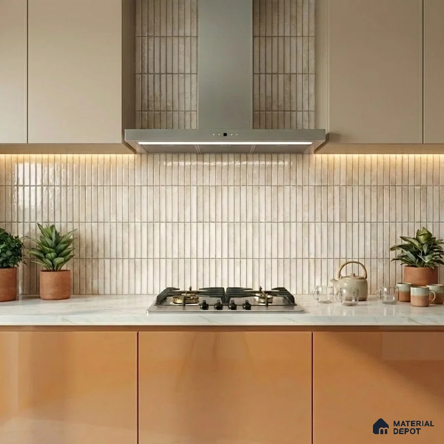 Modern kitchen with beige kitkat wall tiles, glossy peach laminate cabinets, and white marble countertop