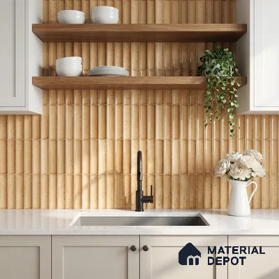 Modern kitchen with beige kitkat wall tiles, white quartz countertop, and wooden open shelves