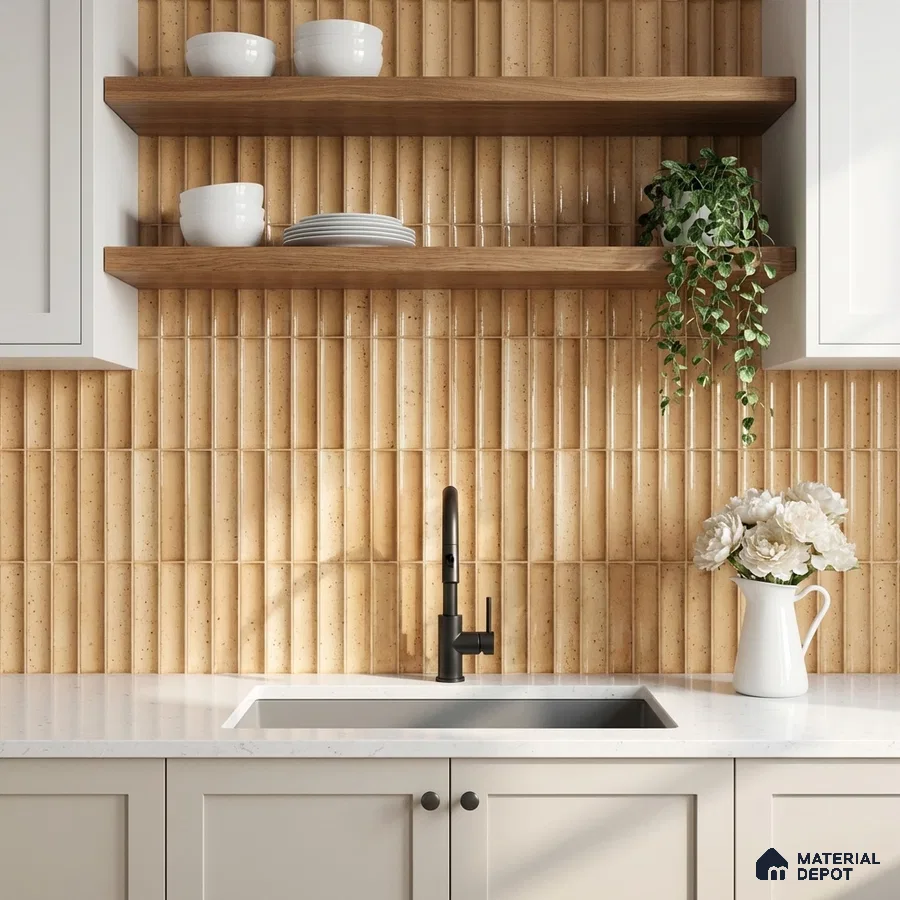 Modern kitchen with beige kitkat wall tiles, white quartz countertop, and wooden open shelves
