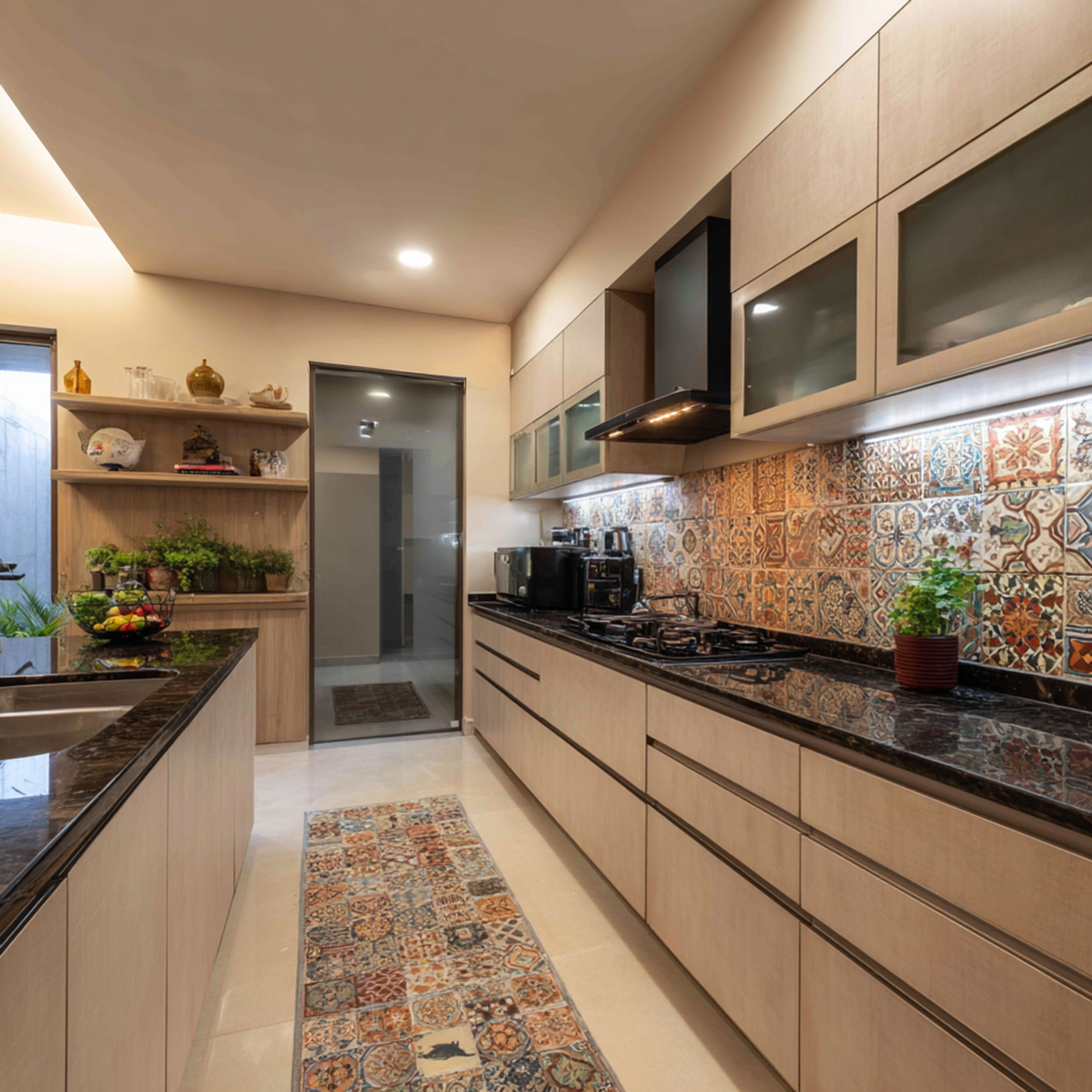 Modern kitchen with beige laminate cabinets, black granite countertop, and patterned moroccan backsplash tiles in Bengaluru | Material Depot
