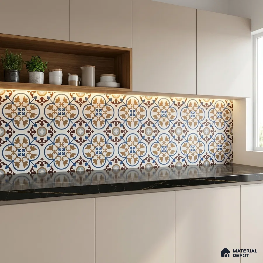 Modern kitchen with beige laminate cabinets, black marble countertop, and moroccan patterned backsplash tiles