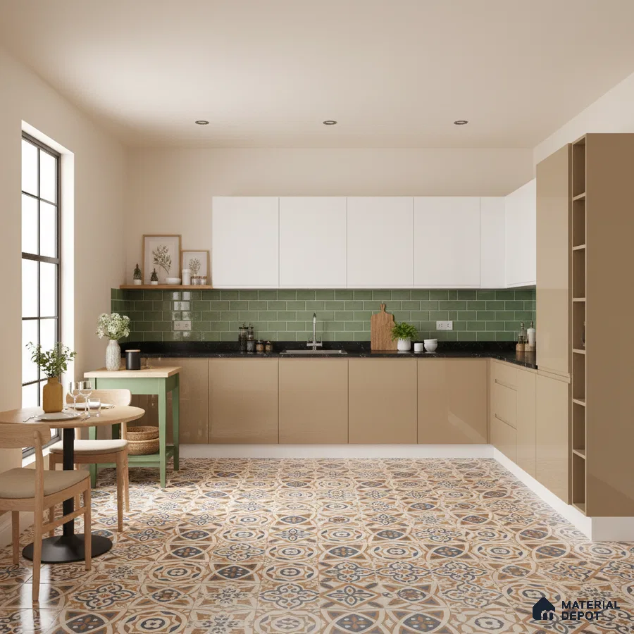 Modern kitchen with beige laminate cabinets, green subway tile backsplash, and patterned moroccan floor tiles in Bengaluru