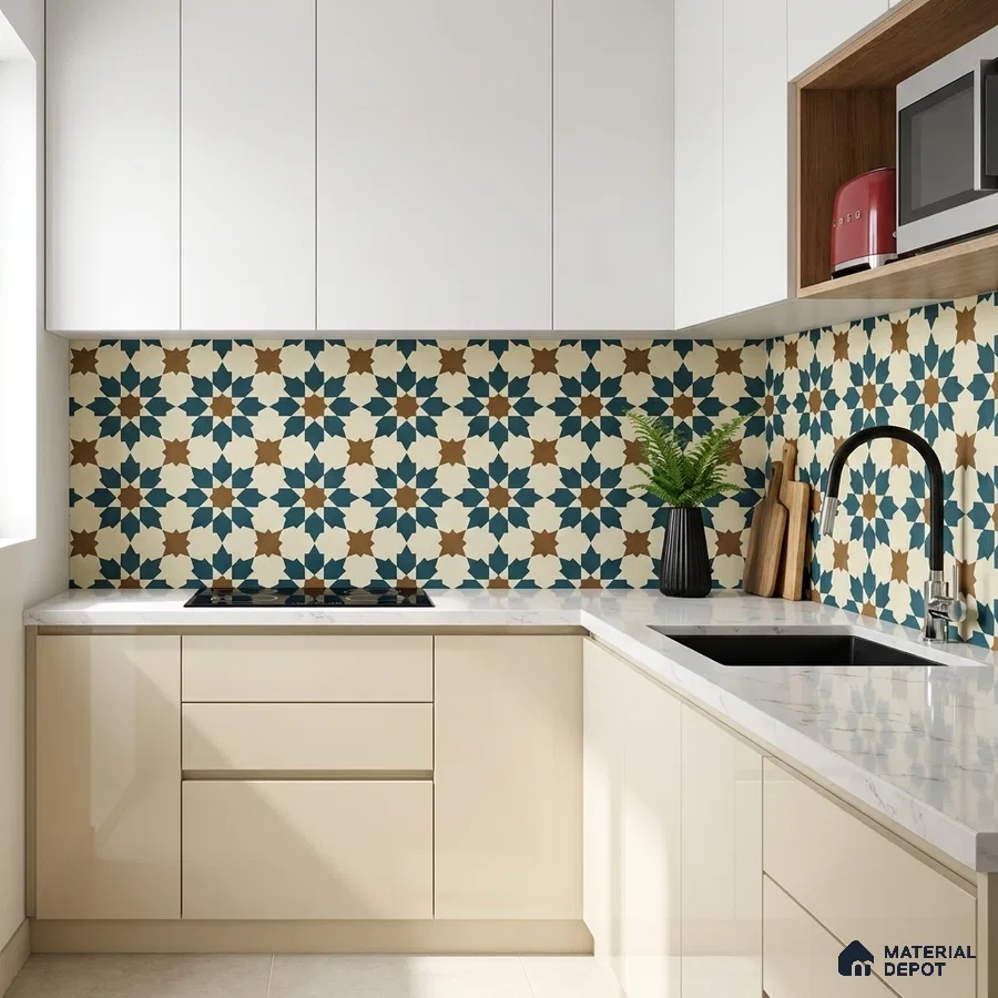 Modern kitchen with beige laminate cabinets, white marble countertop, and geometric moroccan backsplash tiles